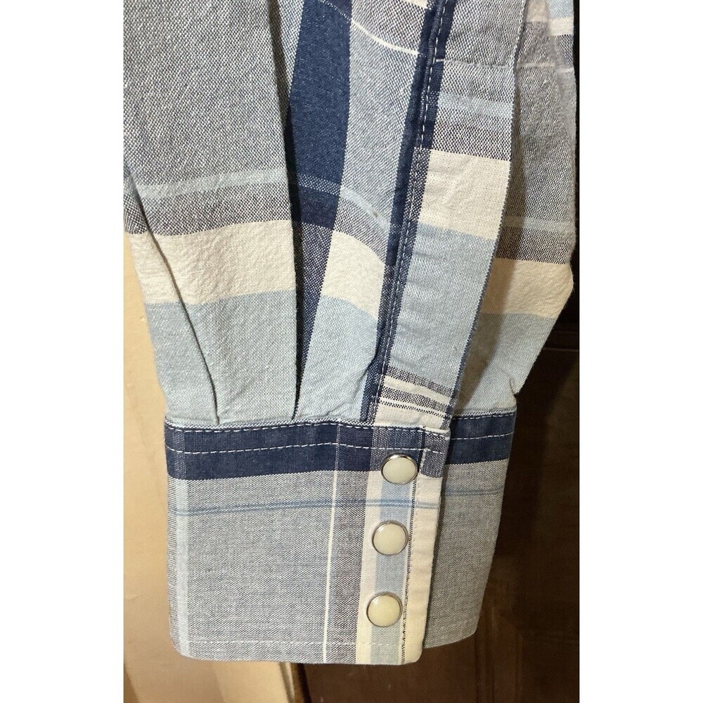 Wrangler Mens Large Light Blue Plaid Pearl Snap Western Shirt Long Sleeve - Picture 4 of 5